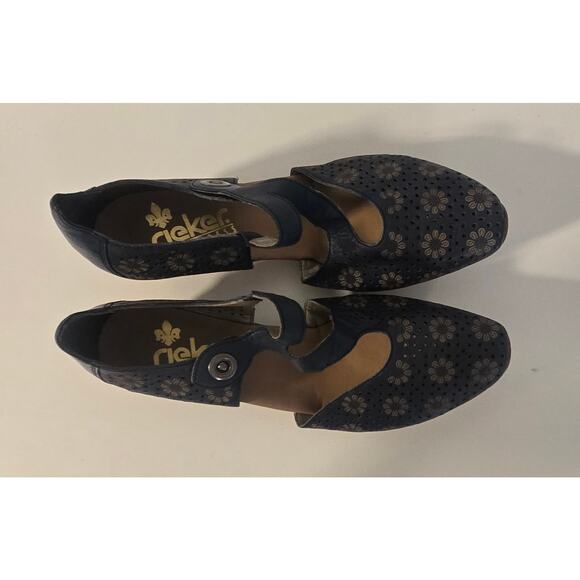 Reiker Navy Blue Strappy Heels Floral Cutouts 41 - Picture 4 of 9